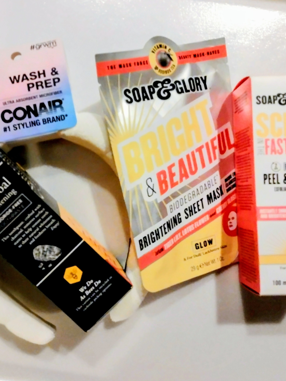 Soap & Glory Scrub Facial Peel & Polish, Brightening Mask, Conair Hair Accessory